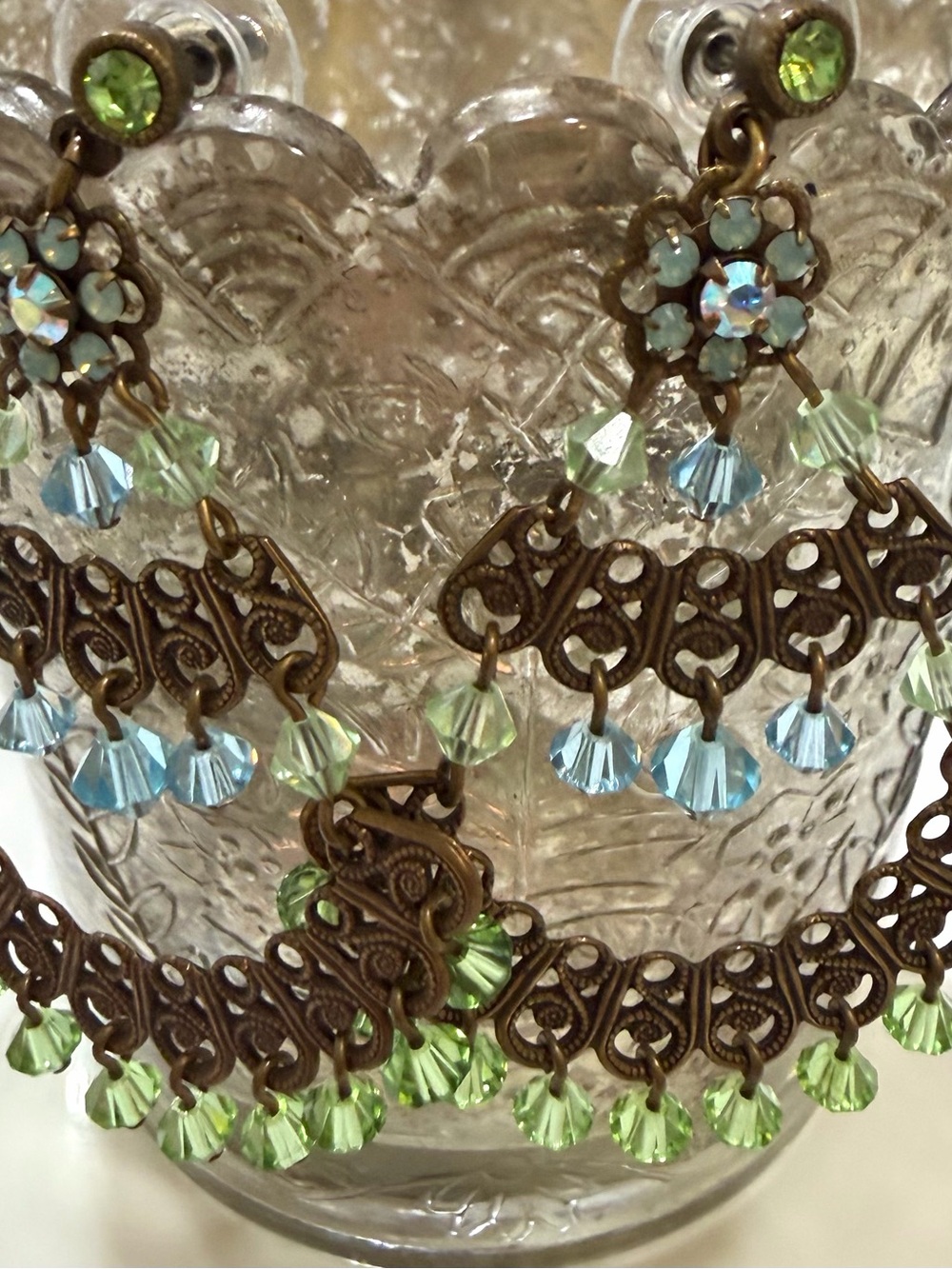 Liz Palacios Vintage‑Inspired Crystal Filigree Green Blue Earrings
